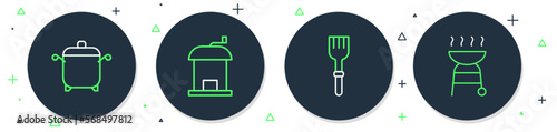 Set line Manual coffee grinder, Fork, Cooking pot and Barbecue grill icon. Vector