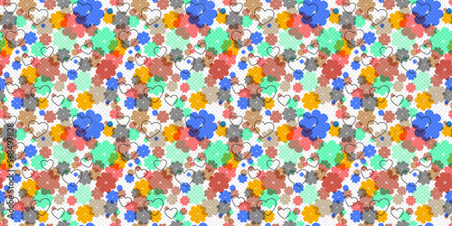 1970 Daisy Flowers Seamless Pattern in Multi-colored palette. Hand-Drawn Vector Illustration. Doodle Style  Groovy Background  Wallpaper  T-shirt. Hippie Aesthetic. Boho background design for kids.