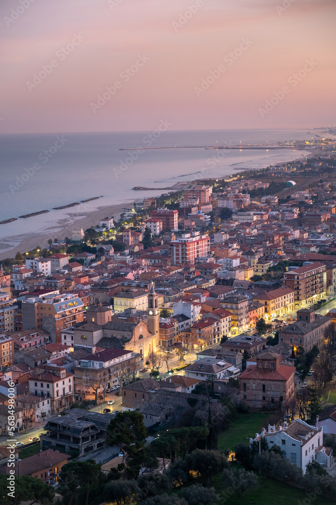 panoramic view, at sunset, of Grottammare and San Benedetto del Tronto from the village of Grottammare Alta. In the background the Adriatic Sea and the Sibillini mountains