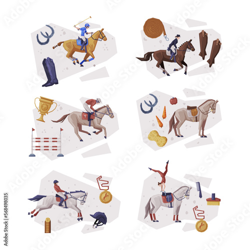 Equestrian Club Composition with Jockey on Horseback Vector Set