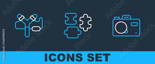 Set line Photo camera, Slingshot and Puzzle pieces toy icon. Vector