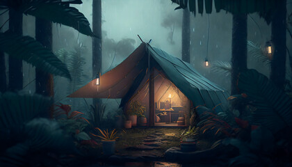 rain on the tent in the forest, tropic, quiet, calm, peaceful, meditation, camping, night, relax
