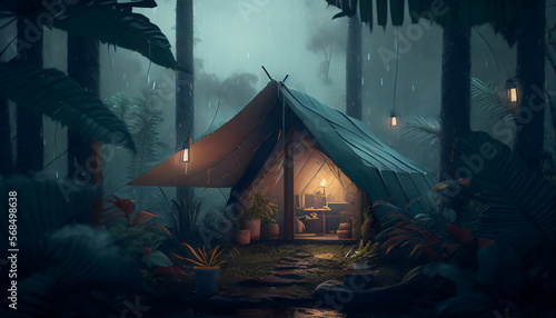 rain on the tent in the forest, tropic, quiet, calm, peaceful, meditation, camping, night, relax photo
