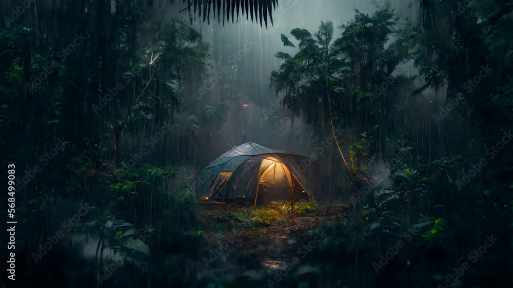 rain on the tent in the forest, tropic, quiet, calm, peaceful, meditation, camping, night, relax - obrazy, fototapety, plakaty 