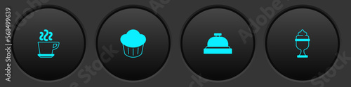 Set Coffee cup, Cupcake, Hotel service bell and Ice cream in bowl icon. Vector