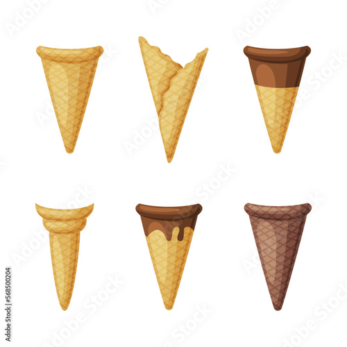 Ice Cream Cone or Cornet as Brittle Cone-shaped Waffle Pastry Vector Set
