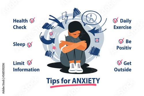 Self care concept. Tips for anxiety management. Woman with anxiety disorder. Vector illustration.