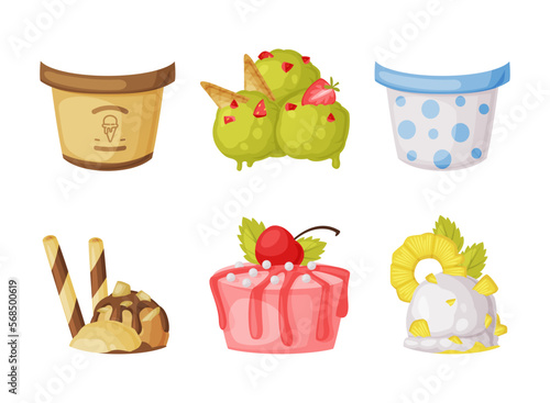 Ice Cream Parts with Chocolate and Fruit Ball with Cup Vector Set