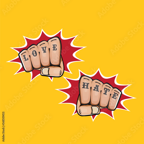 love and hate fists with tattoo isolated on orange background. Fight for love concept illustration with fist punch. love and hate print design template for tee shirt. Valentines day card and banner