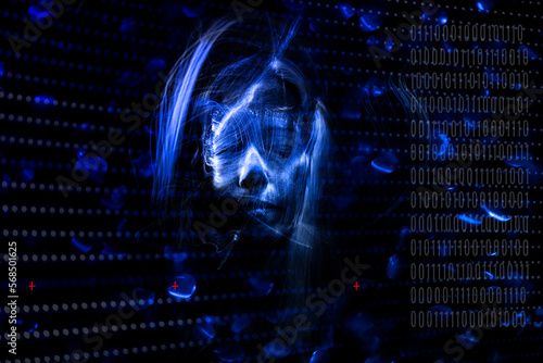 Woman s face surrounded by lights. Artificial intelligence concept.