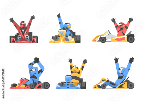 Kart Racing or Karting with Man Racer in Open Wheel Car Engaged in Motorsport Road Extreme Driving Vector Set