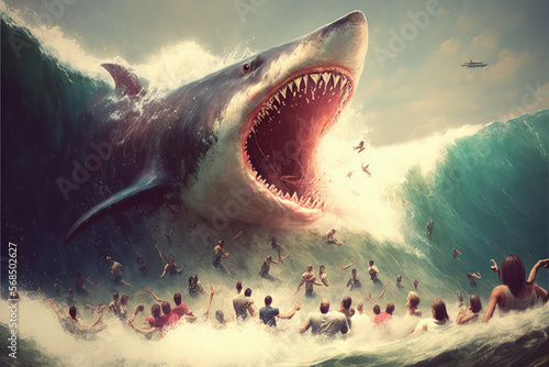 illustration painting of giant shark attacks people in the sea  ai generated 