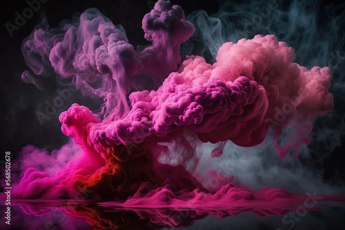 Pink Smoke On Black Ink Background, Colorful Fog On Dark, Abstract Swirling. Generative AI