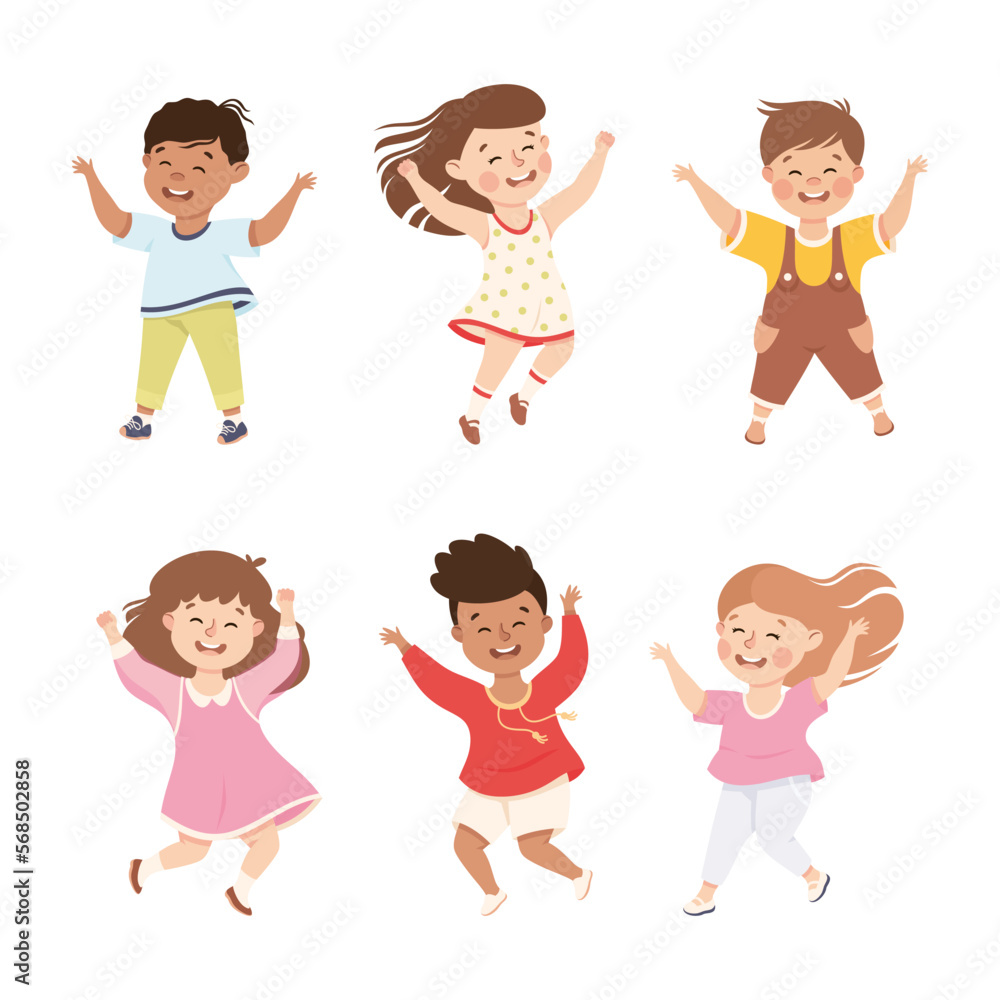 Happy Boy and Girl Jumping with Joy and Hands Up Cheering and Having Fun Vector Set Happy Boy and Girl Jumping with Joy and Hands Up Cheering and Having Fun Vector Set