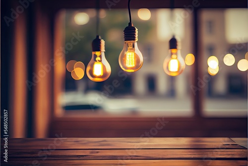 Wooden top table with bokeh light - Coffee restaurant - blurred background