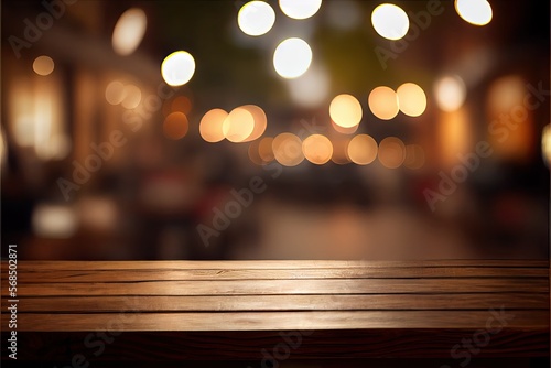 Wooden top table with bokeh light - Coffee restaurant - blurred background, Generative AI