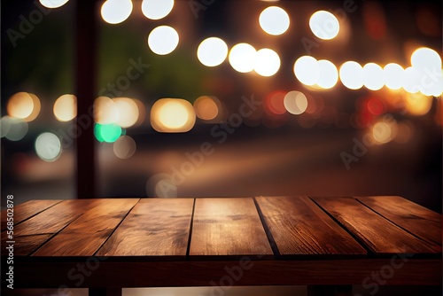 Wooden top table with bokeh light - Coffee restaurant - blurred background  Generative AI