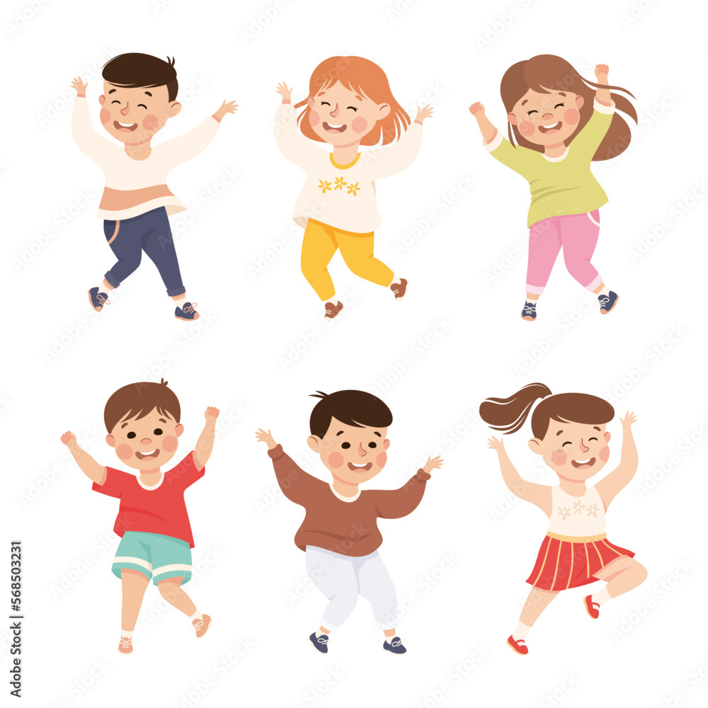 Happy Boy and Girl Jumping with Joy and Hands Up Cheering and Having Fun Vector Set