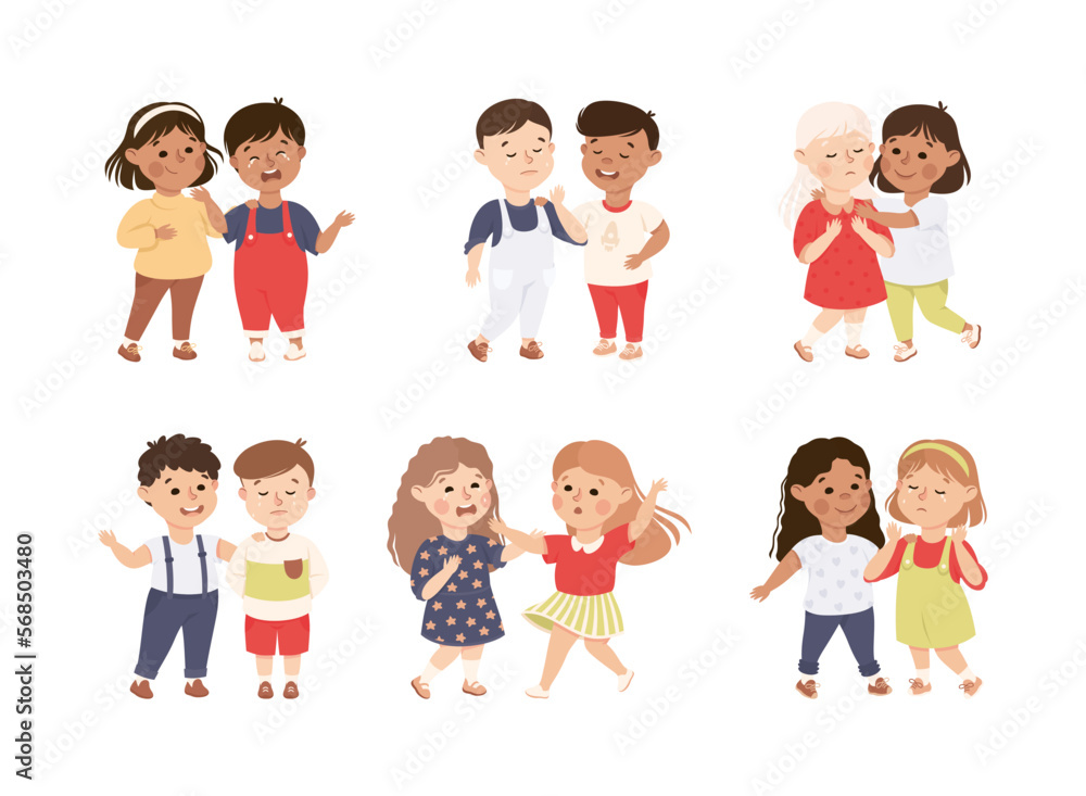 Little Kids Supporting and Comforting Crying Friend Vector Set Little Kids Supporting and Comforting Crying Friend Vector Set