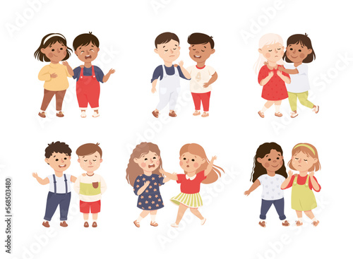Little Kids Supporting and Comforting Crying Friend Vector Set