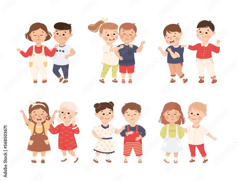 Little Kids Supporting and Comforting Crying Friend Vector Set Little Kids Supporting and Comforting Crying Friend Vector Set