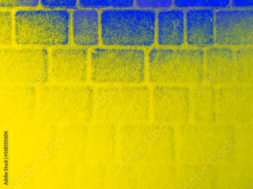 Yellow and blue vector grunge background of paving slabs covered with snow. UHD 4K wallpaper. For screen, desktop, site design, overlay, stencil, banner, stylization, design and polygraph. Texture