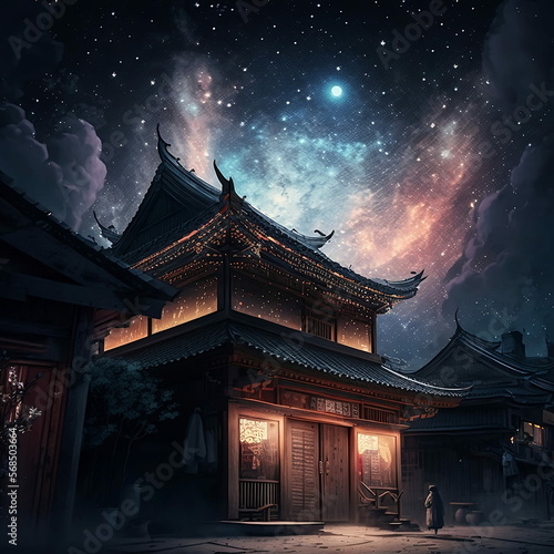 Ancient Chinese building in a starry night