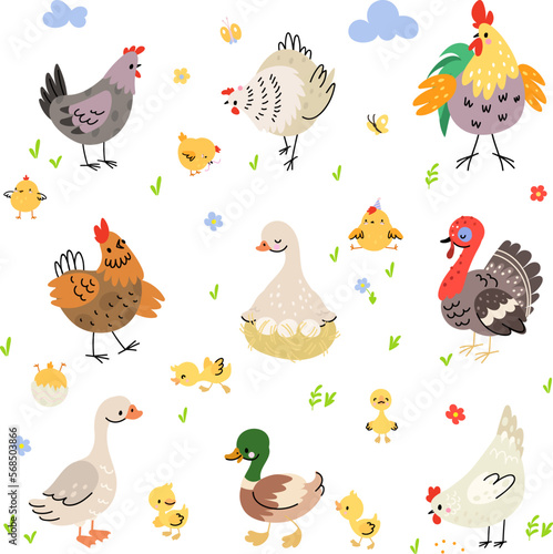 Farm birds cartoon set. Duck on nest, turkey and hen with yellow chickens. Cute agriculture bird, rooster and poultry. Nowaday isolated vector clipart