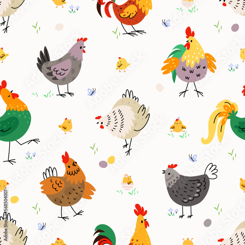 Chicken seamless pattern, farm birds spring background. Chick hen and cartoon rooster. Easter template, funny nowaday vector fabric print