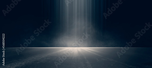 The dark stage shows, dark blue background, an empty dark scene, neon light, and spotlights The concrete floor and studio room with smoke float up the interior texture for display products