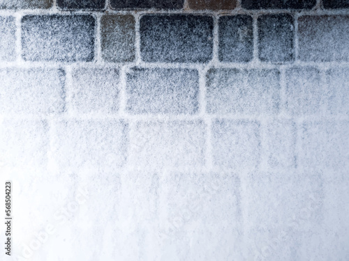 Vector grunge background of paving slabs covered with snow. UHD 4K wallpaper. For screen, desktop, site design, overlay, stencil, banner, stylization, design and polygraph. Good texture
