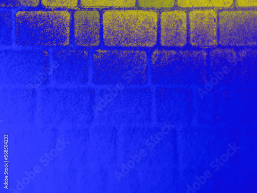 Blue and yellow vector grunge background of paving slabs covered with snow. UHD 4K wallpaper. For screen, desktop, site design, overlay, stencil, banner, stylization, design and polygraph. Texture