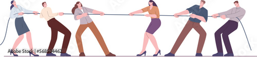 Office teams pulling rope. Competing business groups, people social conflicts. Corporate competition, person in suit pull tug kicky vector concept