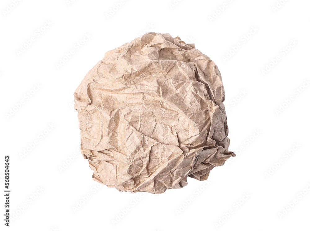 Piece of crumpled brown paper isolated on white background, close-up