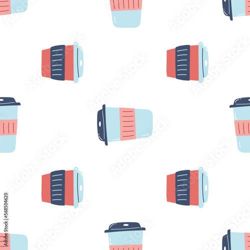 Seamless pattern with coffee paper cup. Flat vector background with reusable cup for hot and cold drinks