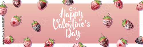 Horizontal banner with chocolate covered strawberries. Valentine's day, sweet romantic dessert. Poster, flyer, brochure pink background with dessert.