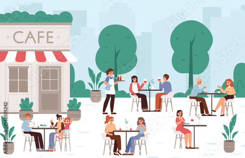 People in summer cafe drinking and eating. Food market, outdoor restaurant or cafeteria. Young adults and teens, waiter on wark snugly vector scene