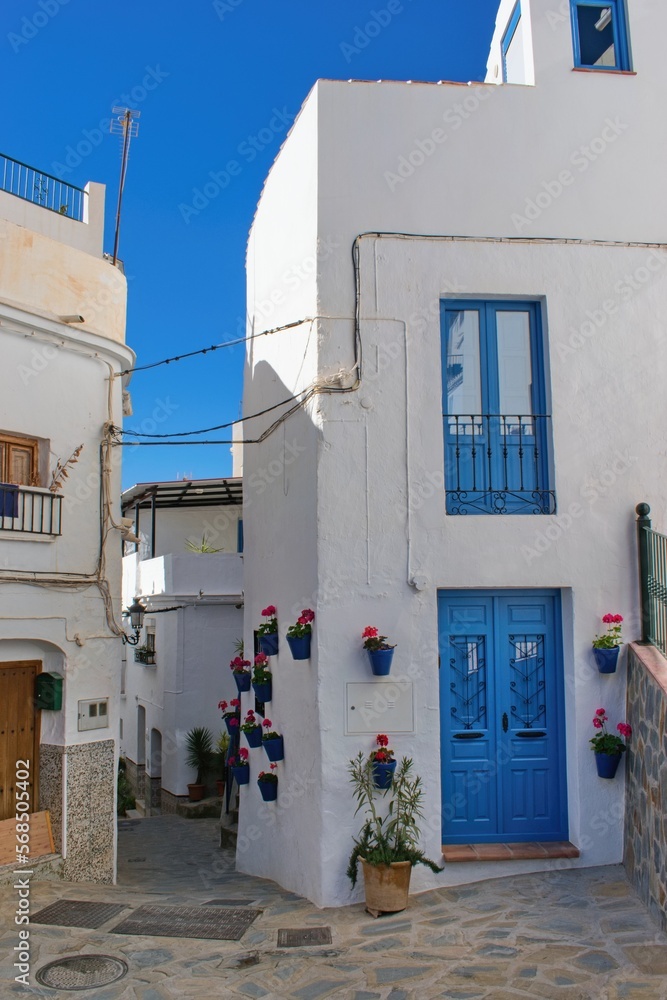 Fototapeta premium Street and houses of famous white spanish village Competa, Andalusia, Spain