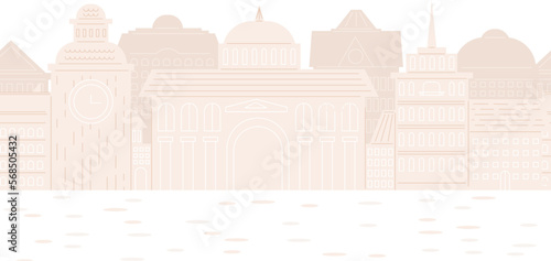 European pedestrian street with various architecture sights and buildings. Cute city walking zone, abstract town vector seamless pattern