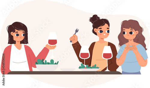 Young women drink wine, eat and talking. Evening friends meeting, lunch or colleagues dinner. Female friendship, adults rest in cafe vector scene