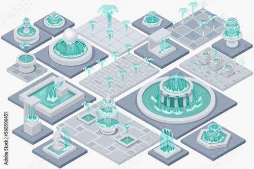 Isometric fountain set with outdoor park cascades isolated vector illustration EPS10. Vintage and modern architecture decor with splashing drops.