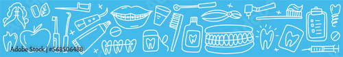 Vector, dental, horizontal hand-drawn pattern in doodle style	