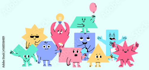 Fototapeta Naklejka Na Ścianę i Meble -  Emotional geometric faces, hexagon square figure characters group. Cartoon comics face, modern funny business graphic. Snugly vector banner