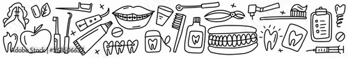 Vector, dental, horizontal hand-drawn pattern in doodle style	
