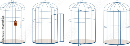 Various open and closed cages  with lock and key. Lined cage for animal or birds. Restriction of freedom and rights vector metaphor elements