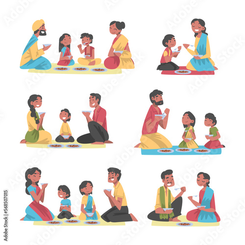 Indian Family with Little Kids Sitting on the Floor Having Meal Together Vector Set