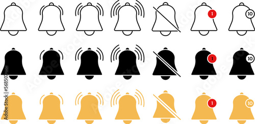 Flat bells notifications icons. Bell icon, subscribe or notification symbol. Reminder, morning alarm or social media message alert, decent vector set