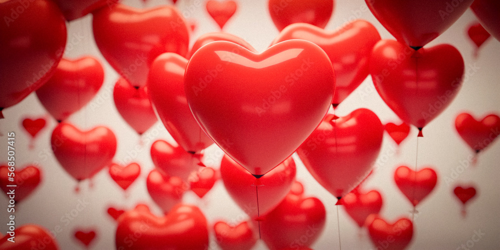 Red hearts balloons flowing on white background. AI