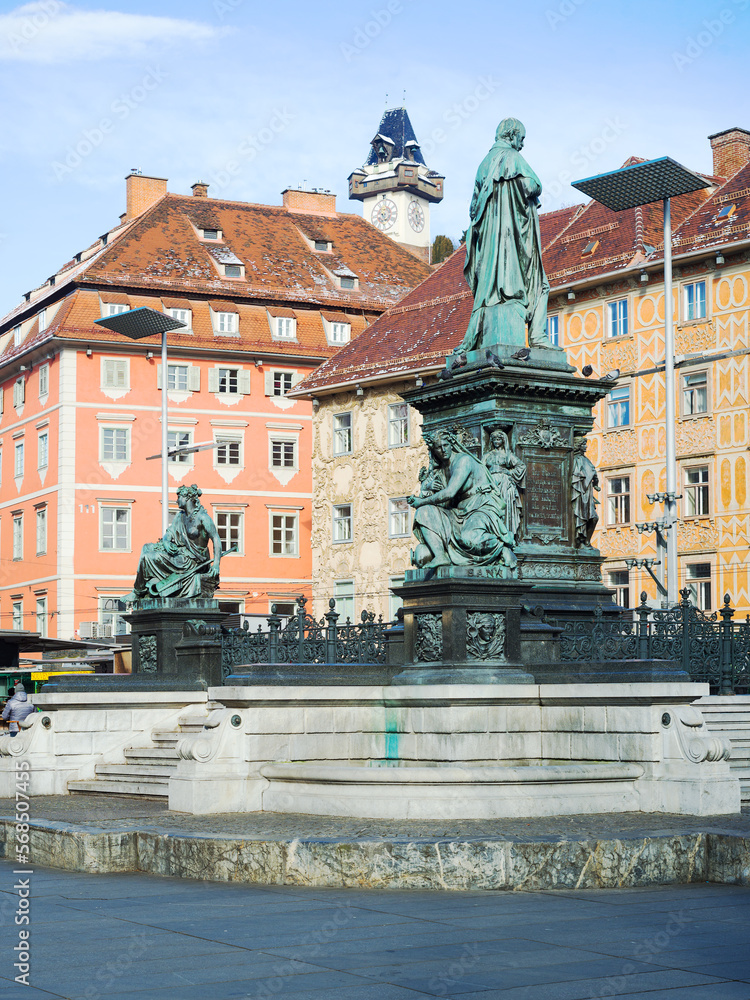  Statue in the middle of the Main Square of Graz and the Uhrturm