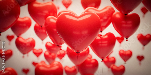 Red hearts balloons flowing on white background. AI